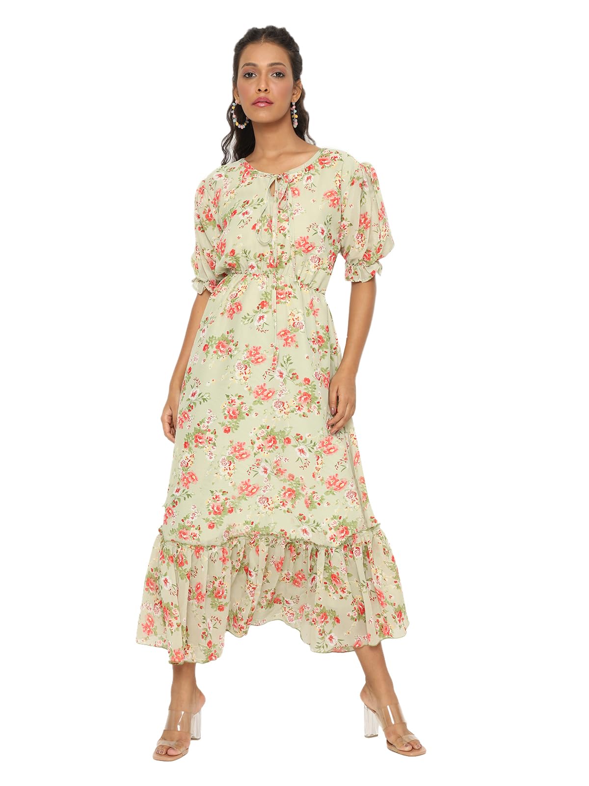 Avanova Georgette Pista Green Round Neck Maxi Western Dresses For Women (Dress 81 Pista 2Xl)