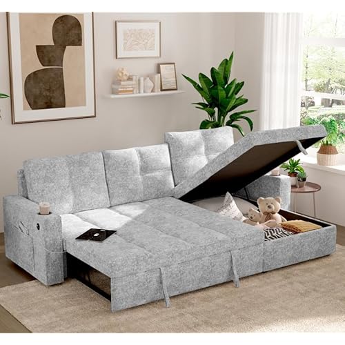 85 inch Large Sleeper Sofa Bed with Storage,L Shaped Sectional Couch Bed,2 in 1 Pull Out Couches with Convertible Chaise,USB Charging,Cup Holders and Side Pockets Gray