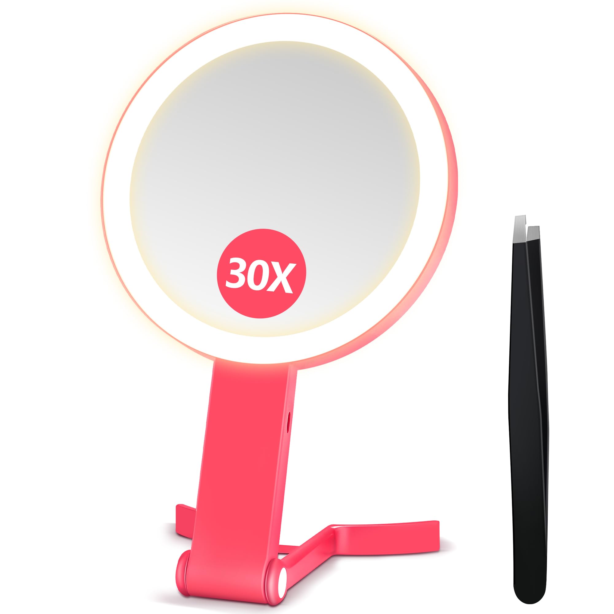 B Beauty Planet Vergrößerungsspiegel mit Licht, Doppelseitiger 30X/1X Vergrößerungsspiegel, Reise-Schminkspiegel mit 3 farbigen Lichtern, Faltbarer Makeup-Spiegel mit Tweezer, Handheld/Tabletop