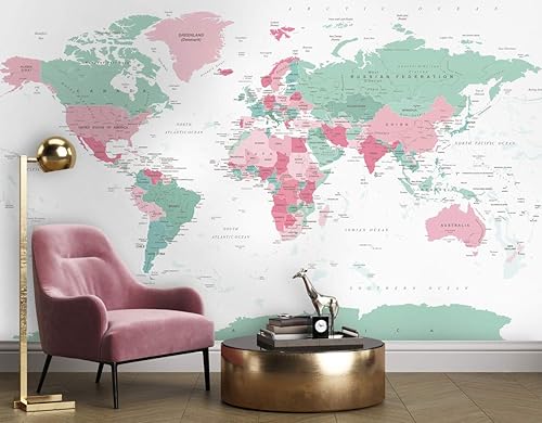 Murwall Map Wallpaper Political World Map Wall Mural Pink Map Wallpaper Green Map Wall Mural Living Room