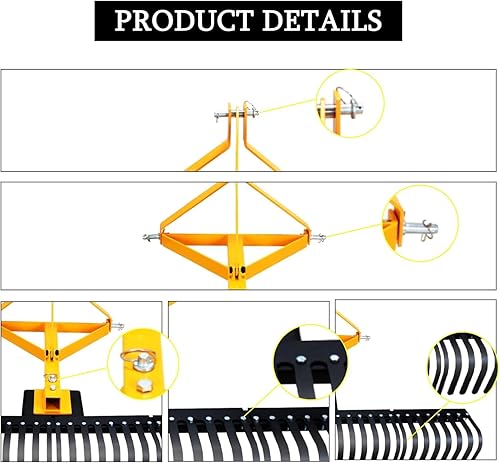 Miniatura 5 de Rastrillo de roca de paisaje de 3 puntos y 5 pies, resistente 60 pulgadas de ancho, herramienta de jardín de remolque de 3 puntos, rotación de 360