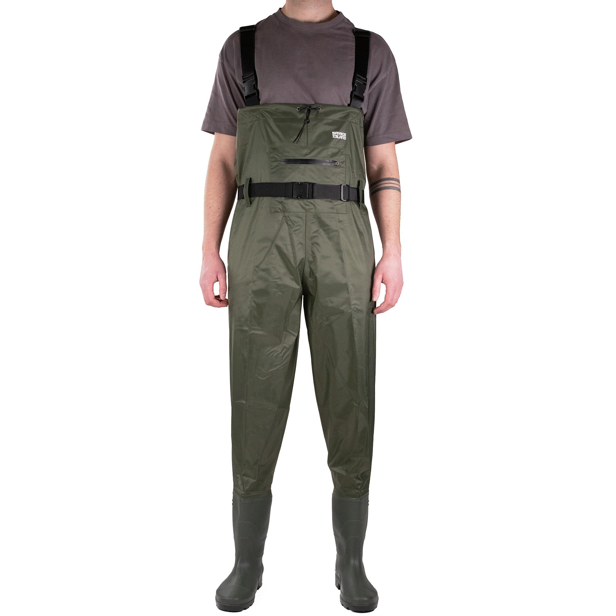 Savage Island Nylon Waterproof Chest Waders with Boots, Zipped Front Pocket – Fishing & Outdoor - Green, UK 8