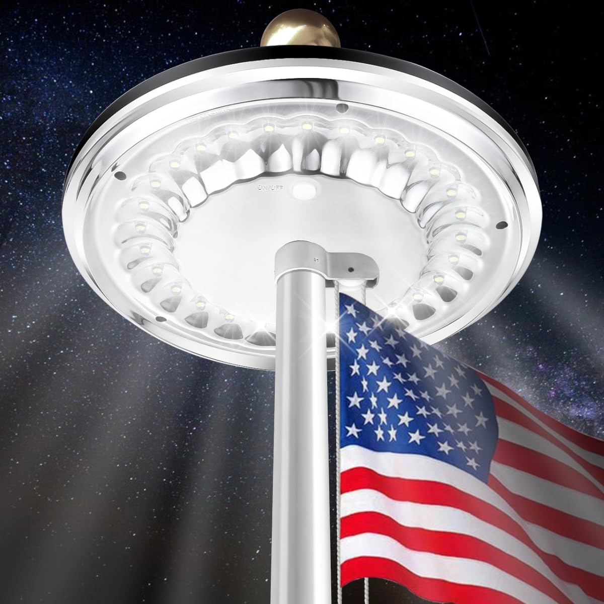 Flag Pole Light Solar Powered | 1200 Lumen Weatherproof Solar Flag Pole Light for Most Flagpoles | Brightness Plus 30% Auto Flag Pole Light | 100% Flag Coverage from Dusk to Dawn for 12+ Hours