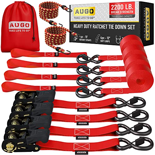 Image of AUGO Ratchet Straps Heavy Duty 4 Pack -15 FT - 2200 LB Break Strength - with Safety Lock S Hooks - Cargo Straps for Moving, Appliances, Motorcycle - Soft Loop Tie Downs
