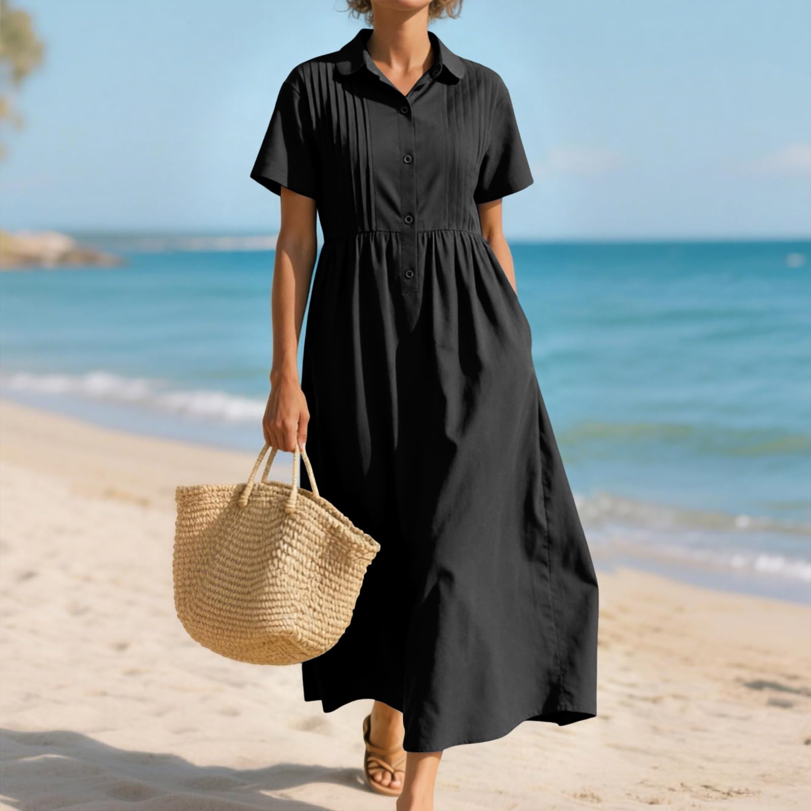 Vestido de Lino Vestidos sin Manga Verano Mujer Largo Vestido de Lino y Algodón Holgados Ligeros y Fluidos Vestidos con Botones Elegante Roba Ligera Elegante para Fiesta Playa Vacaciones S-3XL