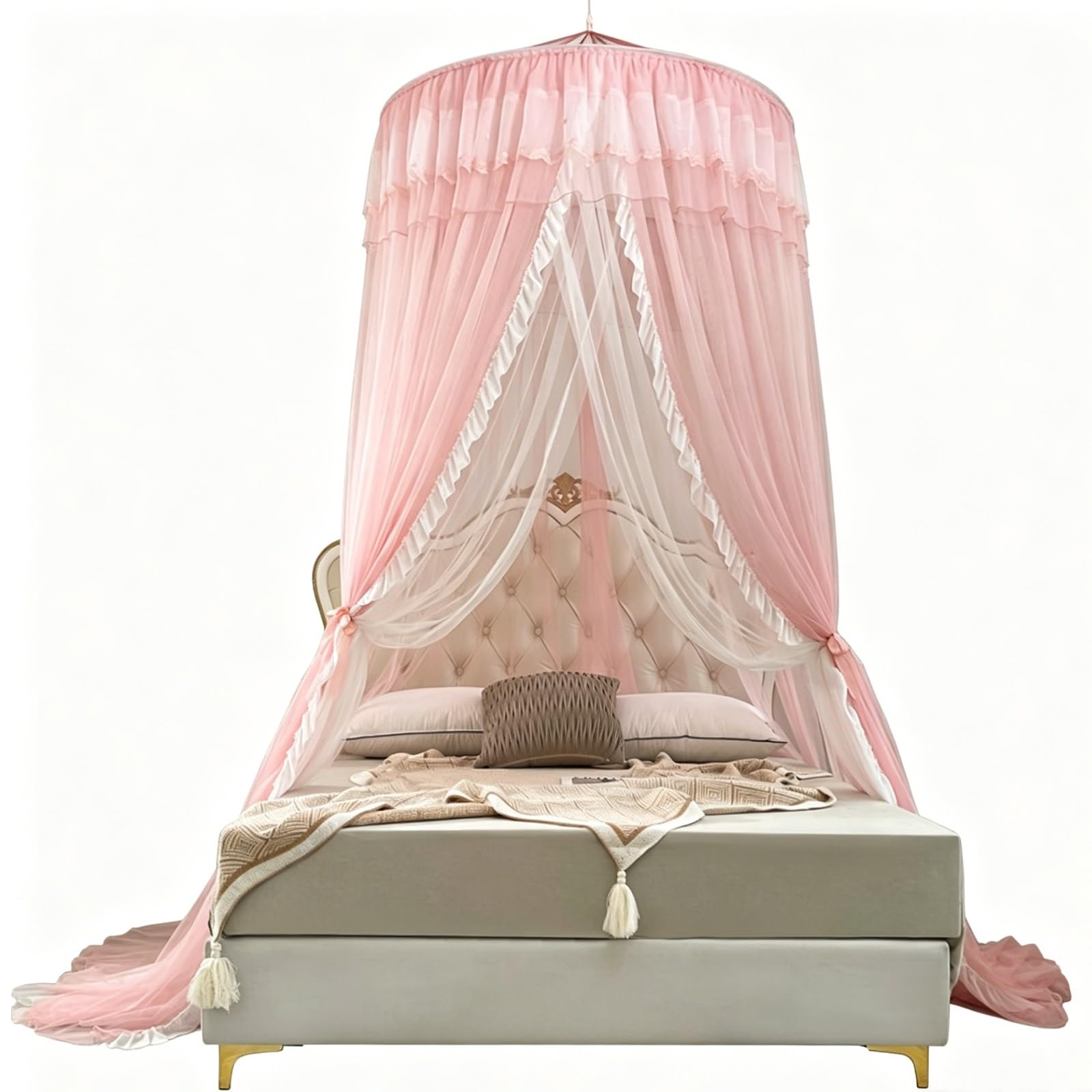 SARKEY Transparenter Netz Kuppel Bettvorhang,Hängende Bettnetzabdeckung Für Schlafzimmer,Prinzessinnen Baldachin,luxuriöse Spitze,Erwachsene,Hochzeit Dekoration(Lotus Root pink)
