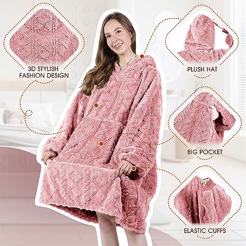 MIZZEO Microfiber Wearable Blanket, Oversized Light Wearable Blanket Hoodie for Adults, Cozy Soft Warm Plush Hooded Blanket Gifts for Women, One Size Fits All (Pink)