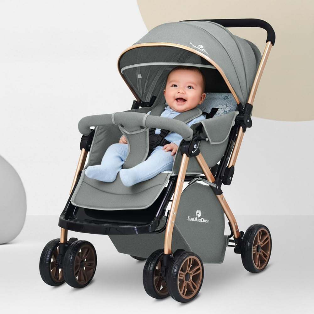 StarAndDaisy Foldable Baby Stroller for 0-3 years Infant & Toddler / Travel Pram for Baby with 360° Swivel Lockable Front Wheels , Multi-Level Recline & Adjustable Footrest, Removable Tray , Safety Harness Belt -Grey-image-4