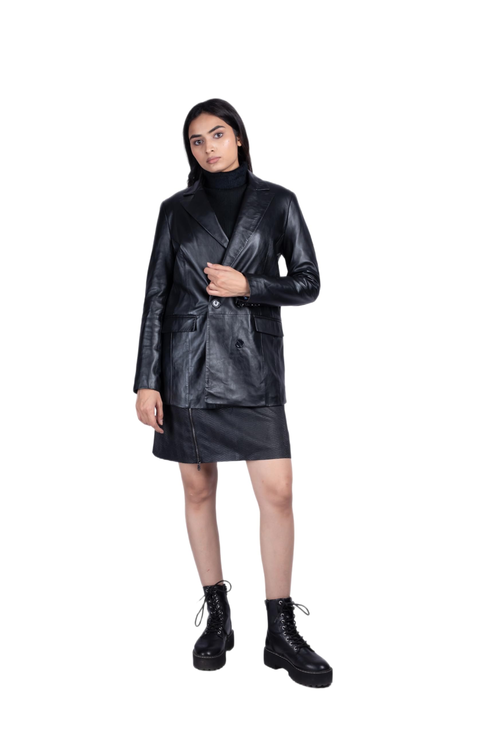 Ladies Genuine Leather Double Breasted Blazer-image-8