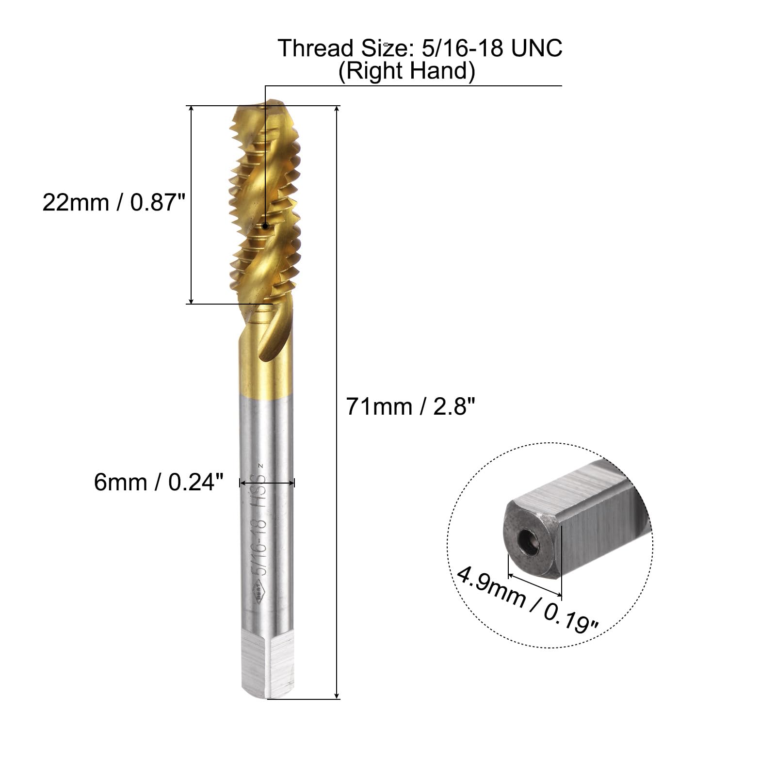 uxcell 2pcs Spiral Flute Thread Taps, 5/16-18 UNC H2 Screw Threading Tap, Titanium Coated 6542 High Speed Steel Machine Tapping Tools for Machinist Repair