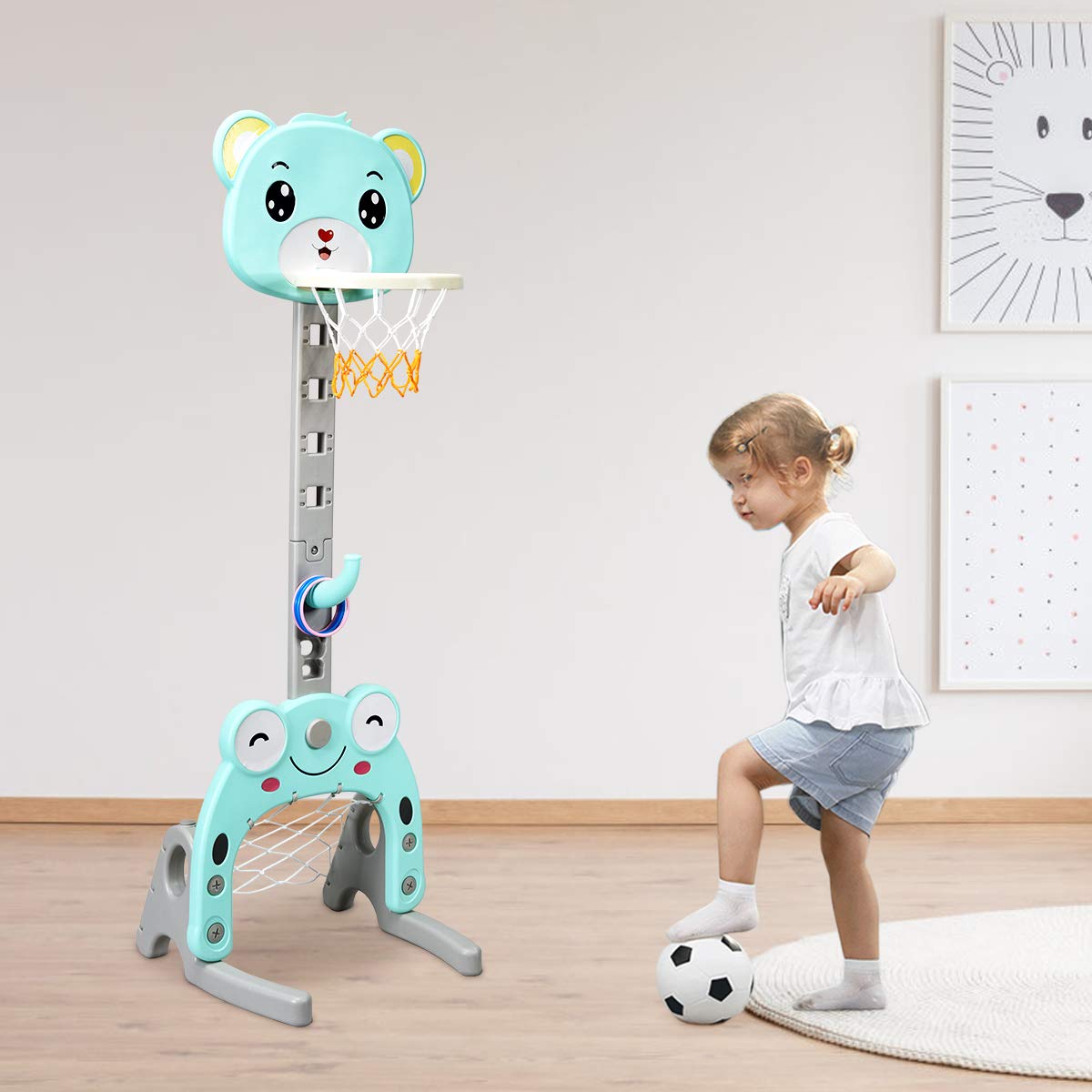 RELAX4LIFE 3 in 1 Canestro Basket per Bambini con Gioco Dell'Anello, Pallacanestro, Porta da Calcio e Golf, Altezza Regolabile 133-158cm, per 2-5 Anni (BLU)