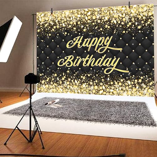 Image of Birthday Decorations Backdrop 10 x 8 ft Green Golden Happy Birthday Banner Large Birthday Party Background for Men Women Kids Photo Shoot Supplies (Black-Birthday, 10 * 8 ft)