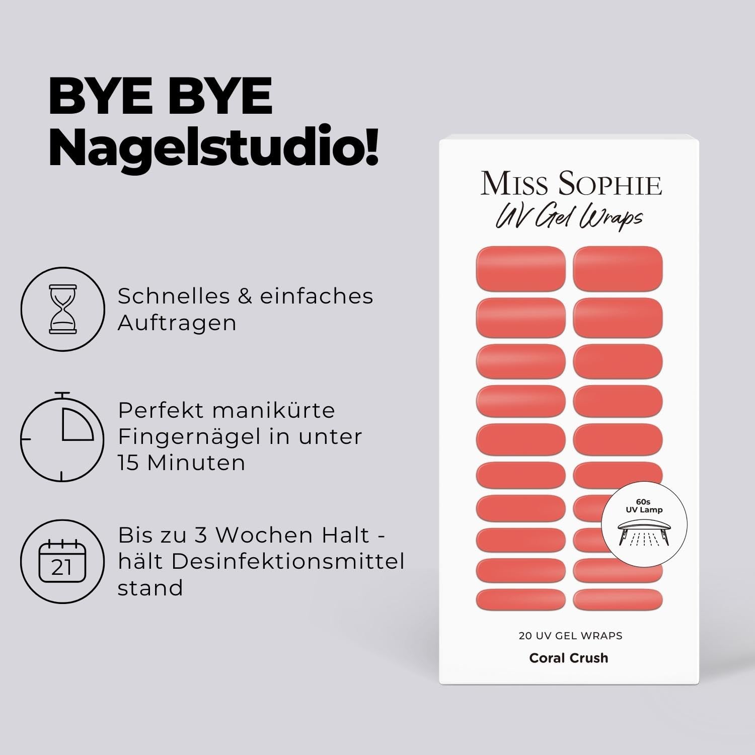 Fogli per unghie Miss Sophie UV Gel Coral Crush UV I 20 strisce di smalto gel UV monocromatiche I Per unghie delle mani e dei piedi