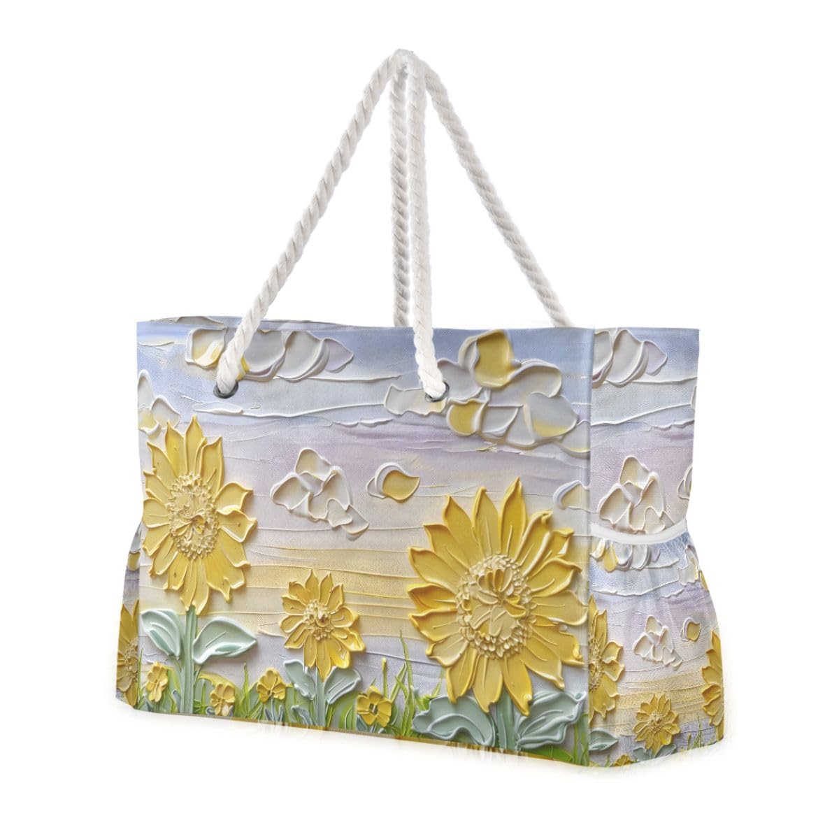 Bolsas de playa grandes de lona, bolsa de hombro con pintura al óleo en relieve 3D, girasoles en la hierba, nubes en el fondo, color amarillo y verde, resistentes al agua, para gimnasio, viajes