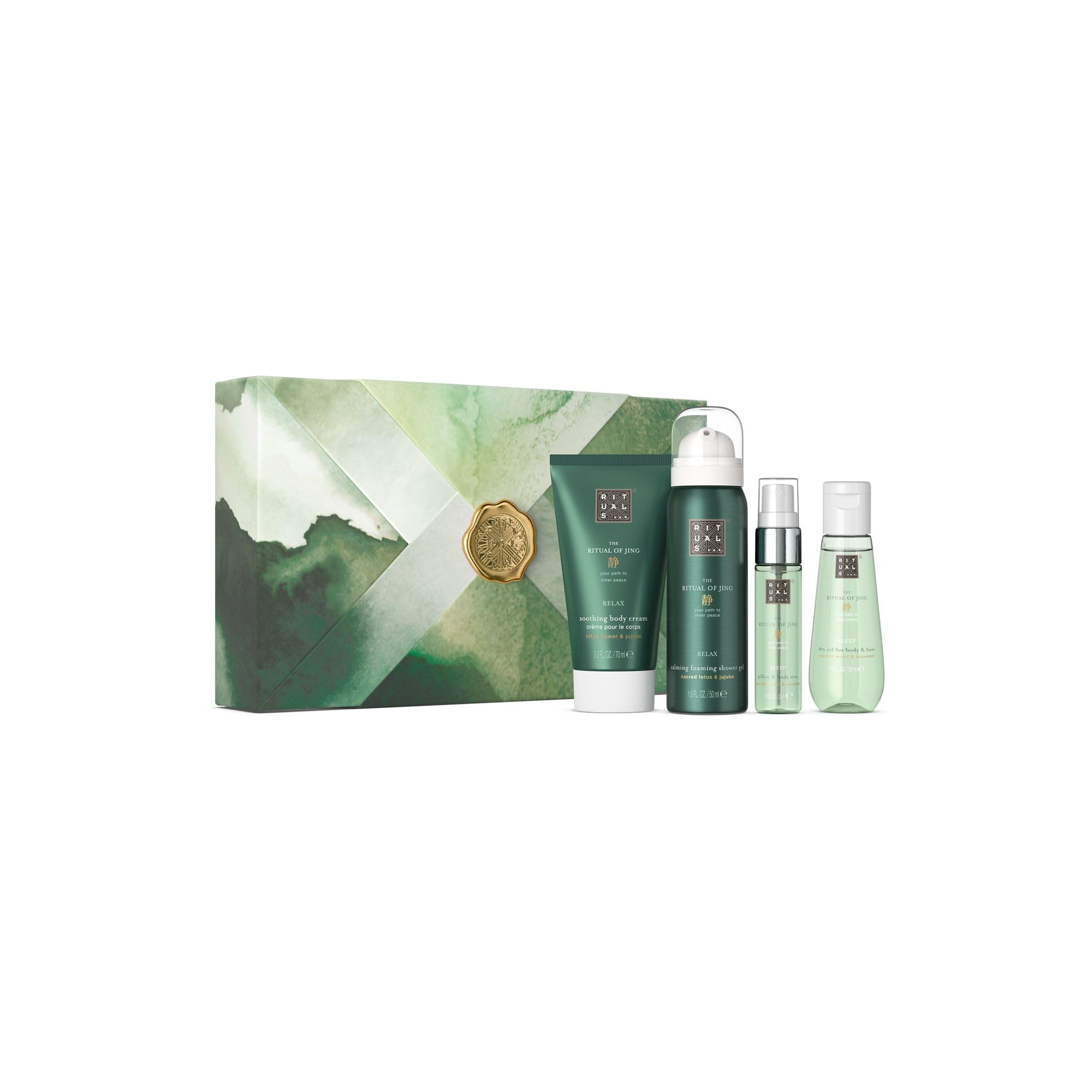 RITUALS Cofanetto regalo donna The Ritual of Jing Relax & Sleep, S – Set regalo donna con 4 prodotti per la cura del corpo arricchiti con loto, giuggiola, lavanda e sandalo – Set bagno rilassante