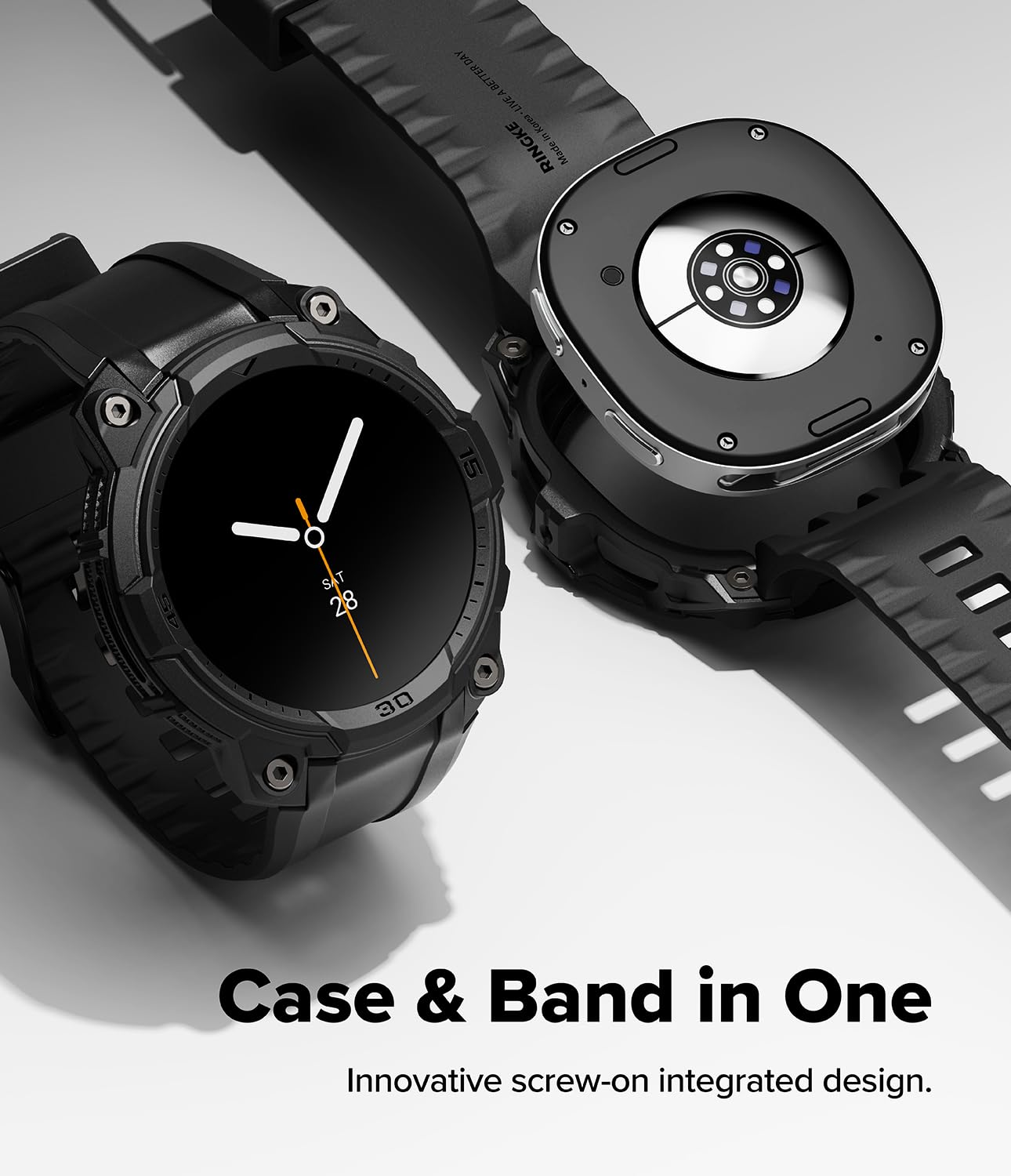 Ringke Rugged Gear Compatible con Funda Samsung Galaxy Watch 8 (44mm), Carcasa Protectora Flexible con Parachoques y Correa, Resistente a Las Huellas Dactilares - All Black