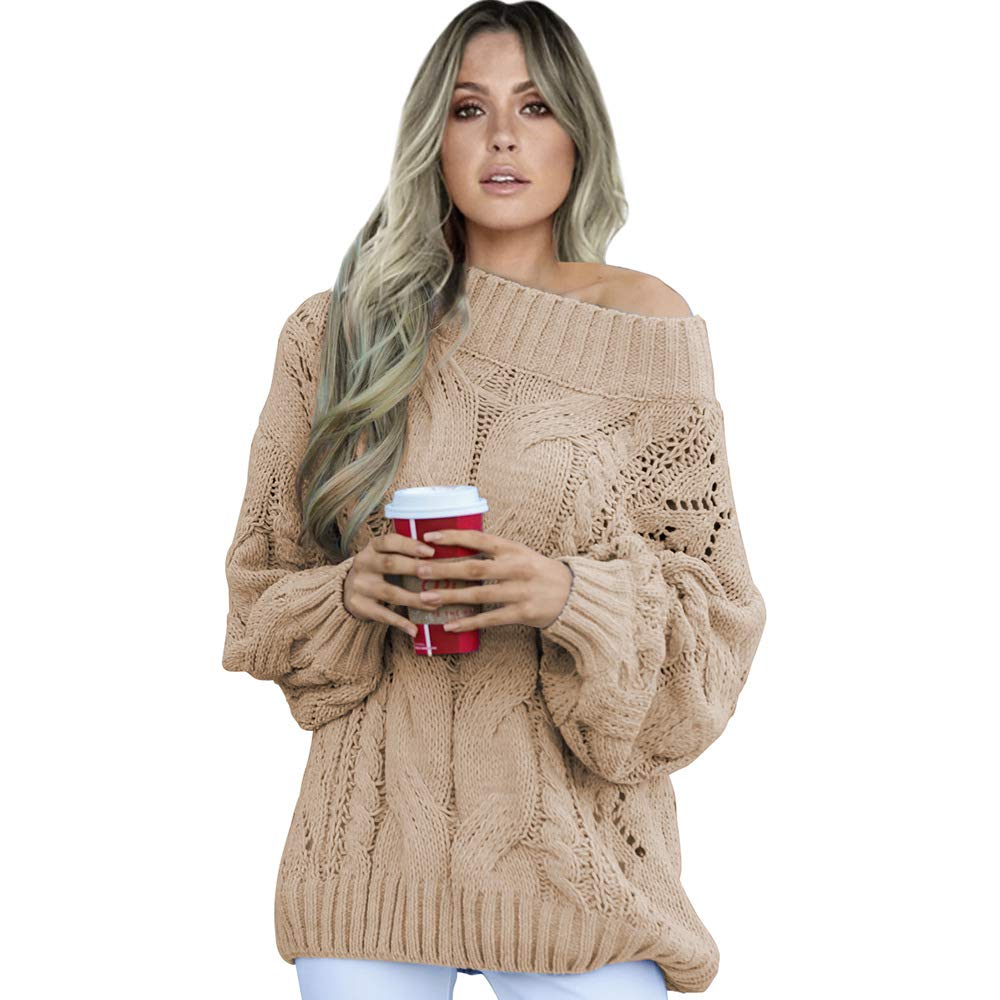 Itbclove Women's Khaki Oversized Loose Ribbed Cable Sweater Knitted Pullover Long Sleeve Outwear Solid Color Jumper Tops