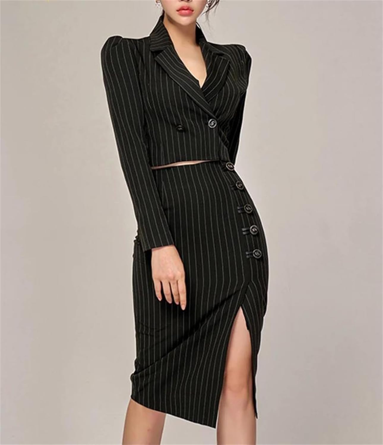 Women’S Fall Winter Stripes 2 Piece Suits Elegant Blazer Simple Sheath Pencil Skirts Casual Set Blazer Pencil Skirt Sets