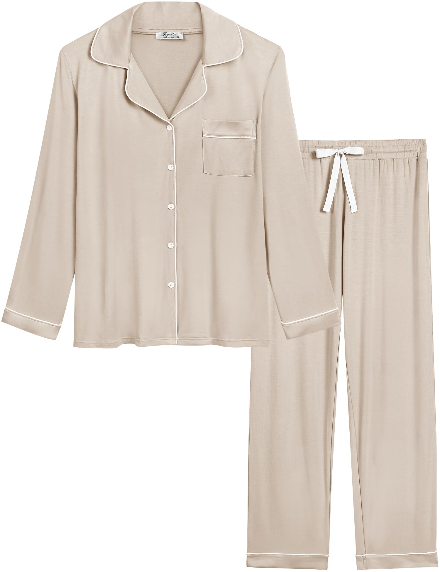 Joyaria Womens Bamboo Viscose Pajama Sets Long Sleeve Button Down Cooling Sleepwear Soft Comfortable Pj Pants Set for Women Large Cream