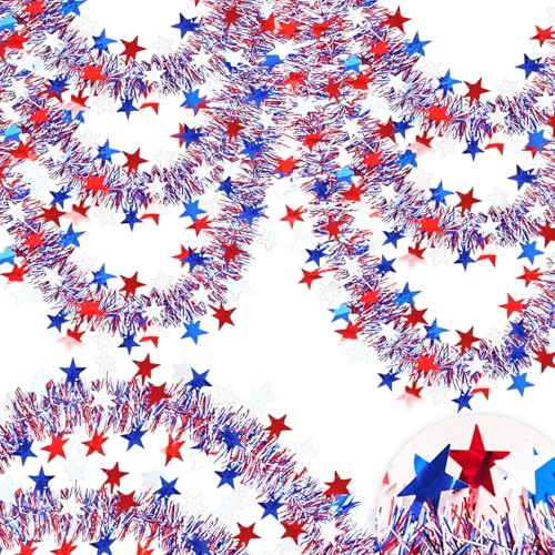 Image of 50FT 4th of July Patriotic Tinsel Garland Decorations, Red White and Blue Tinsel with Star Metallic Glitter Hanging Garland for Memorial Day 4th of July Independence Day Indoor Outdoor Decor