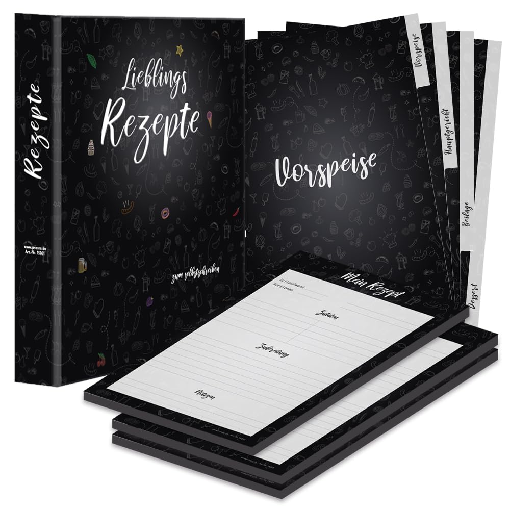 PRICARO Set completo di raccoglitori per ricette Doodles Black, formato A4, 8 pezzi
