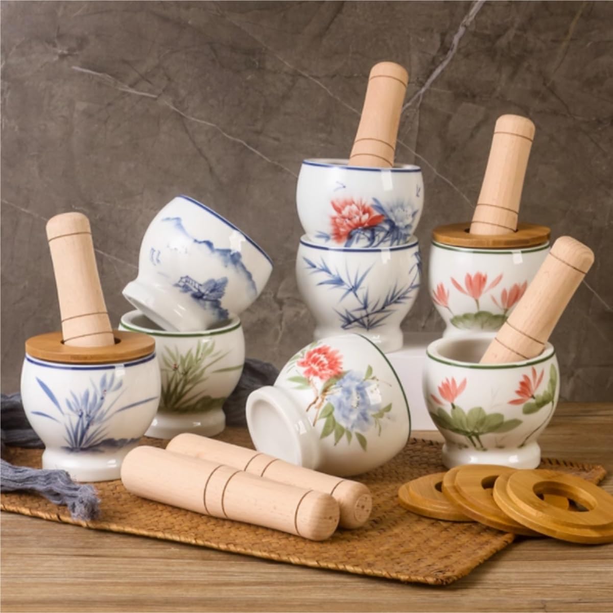 Mortier et Pilon Ensemble De Pilon À L'ancienne, Mortier Ail, Ménager, Broyage en Céramique Cuisine Set