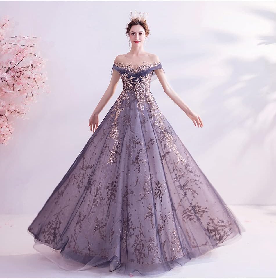 Off Shoulder Evening Dress Lace Sequins Appliques Prom Gowns A-Line Dress for Women