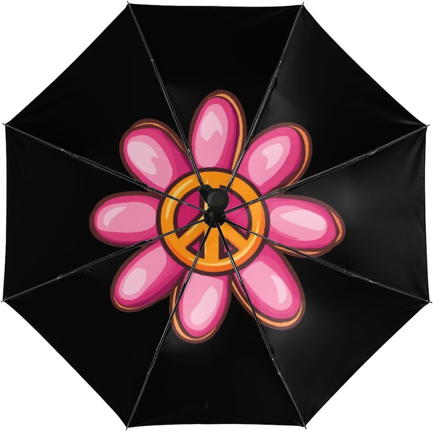 PEACE SIGN Hippiees Flower Windproof Travel Umbrella Compact Portable Automatic Umbrella for Sun Rain