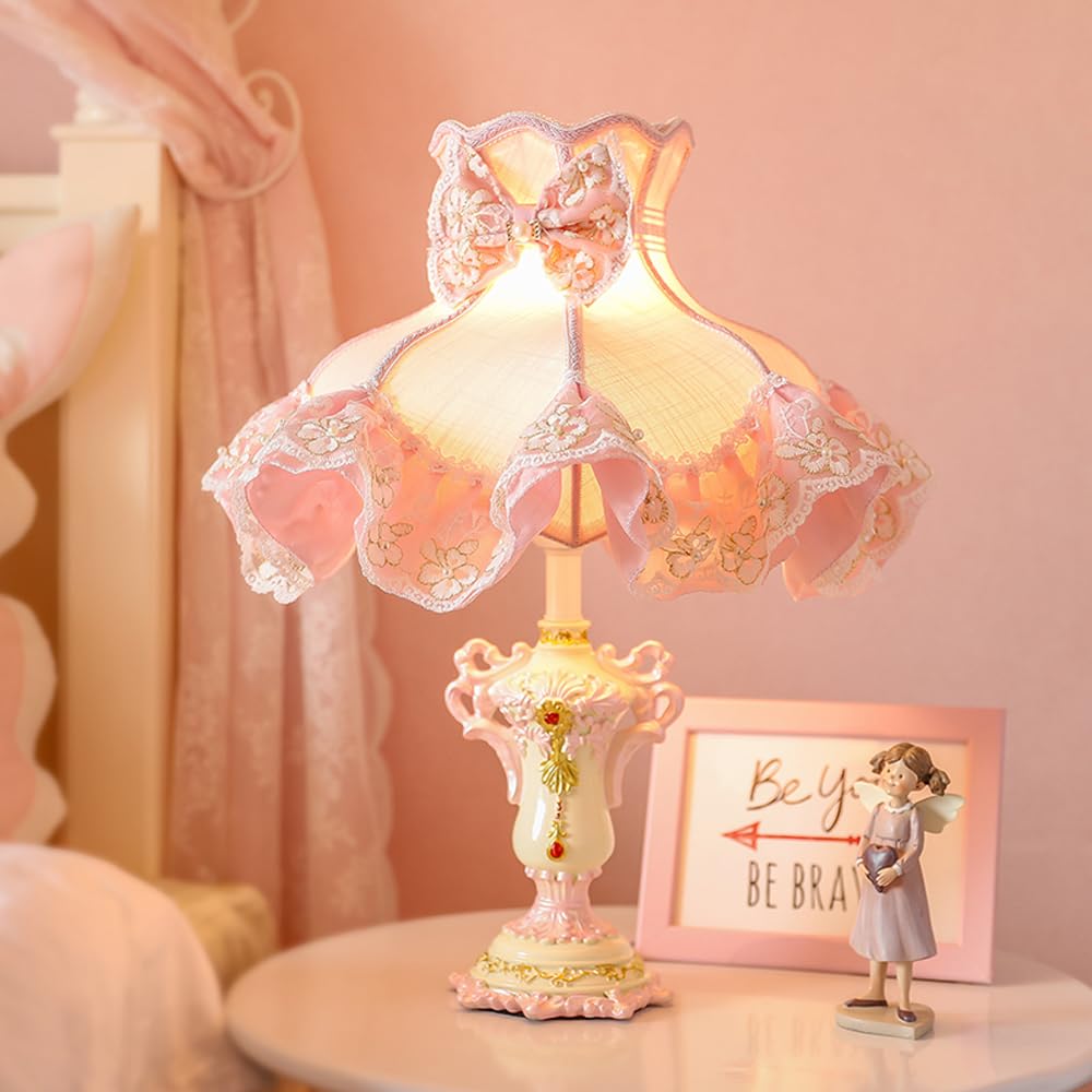 Wiktoriańska lampa stołowa Różowa lampa księżniczki Francuska krajowa lampka nocna Dom wiejski Śliczna dziecięca lampa stołowa Vintage Rustykalna szafka nocna Lampa dla dziewczynek Sypialnia Dzieci
