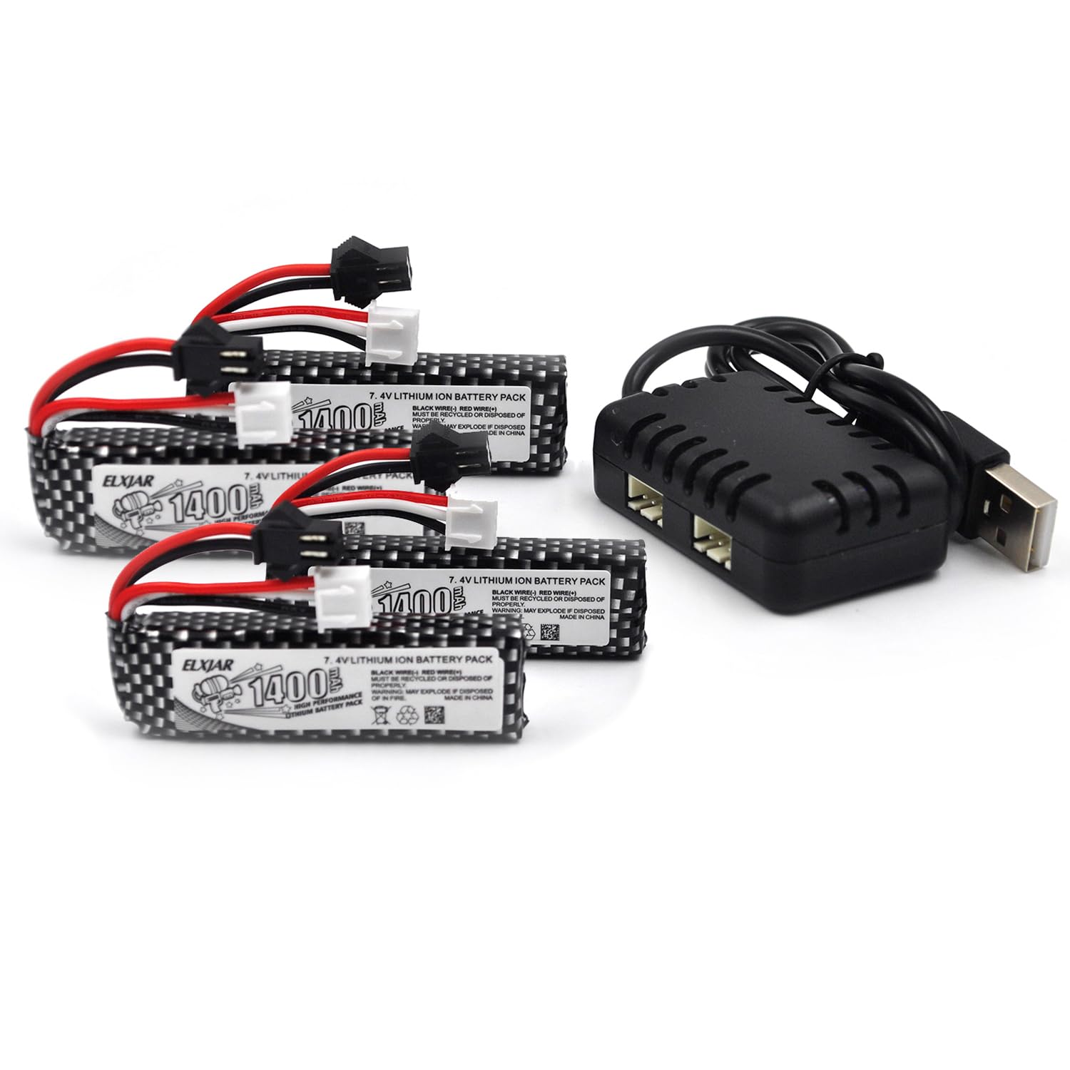 (4-Pack) 7.4V 1400mAh 25C 501855 Lipo Airsoft Gun Batteries with USB Balance Charger, SM-2P Plug, Compatible with STD-X2 and RC Crawler Vehicles