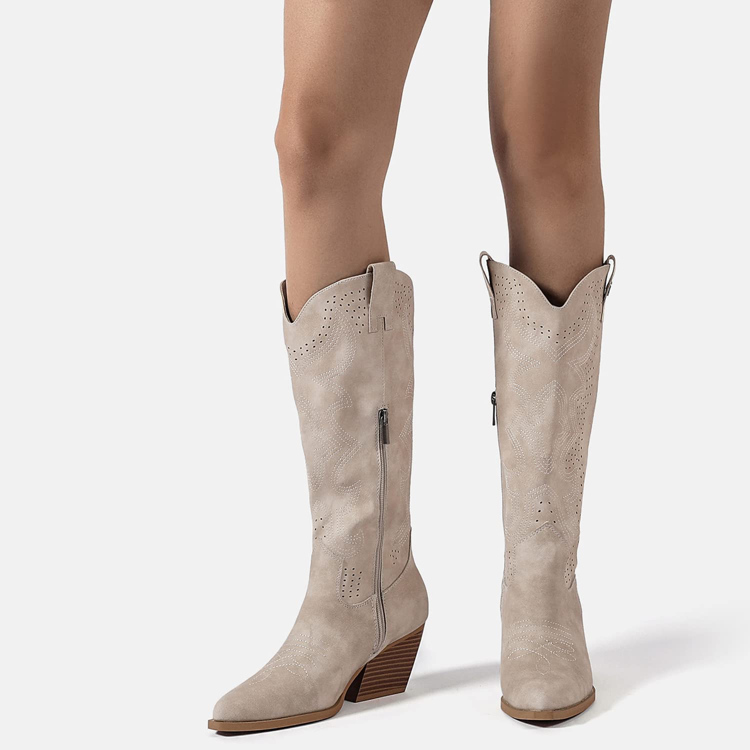QUEEN HELENA Camperos Stivali Texani Traforati con Tacco Western Cowboy a Punta Stivaletti con Zip Laterale Donna X28-100