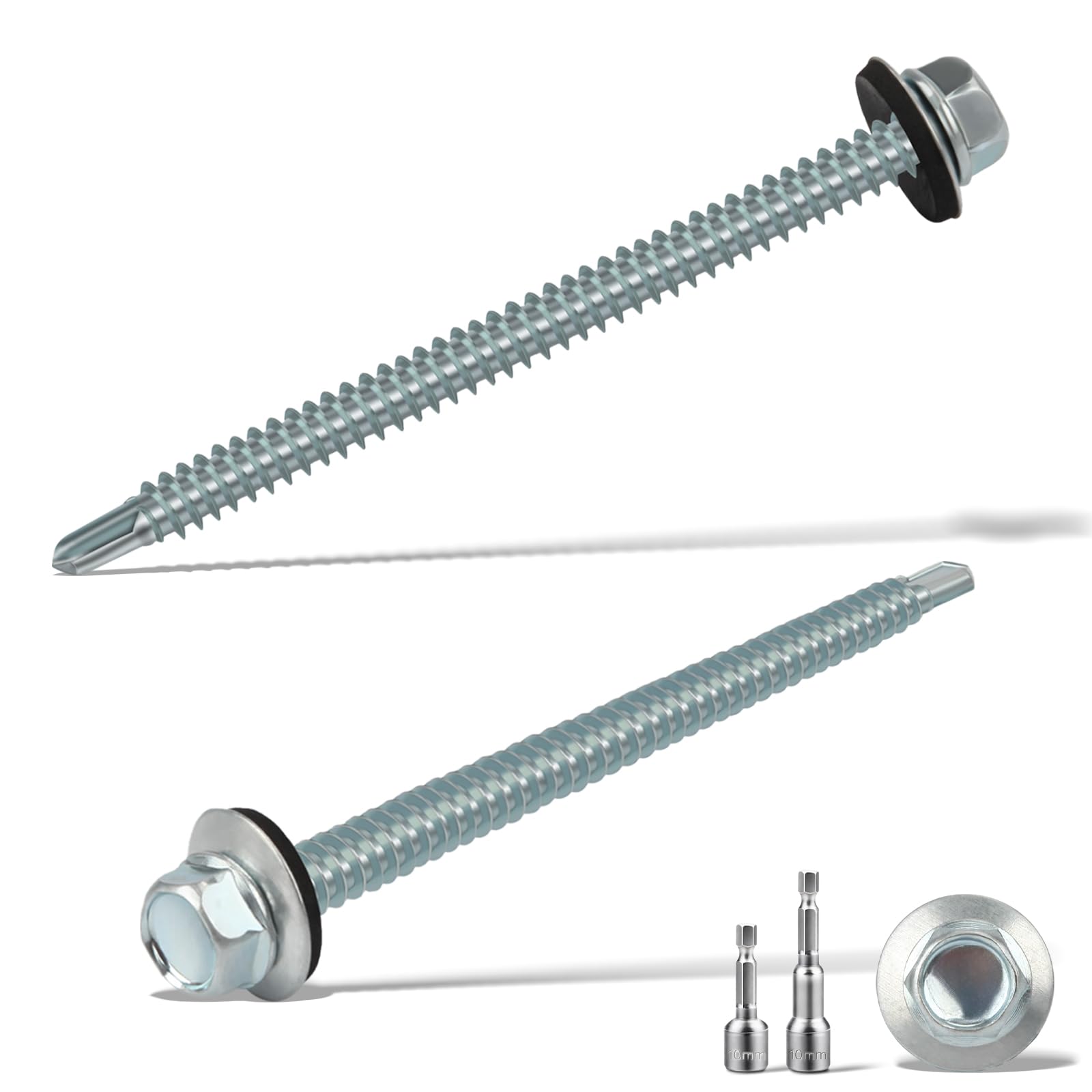 sturiz 40PCS 6.3x100 mm Self Drilling Screws for Metal Roofing Screws with Rubber Washers Hex Head Self Tapping Screws und 2 M10 Hex Socket Tech Screws Zinc Corrugated Roof Fixings for Tin Roof