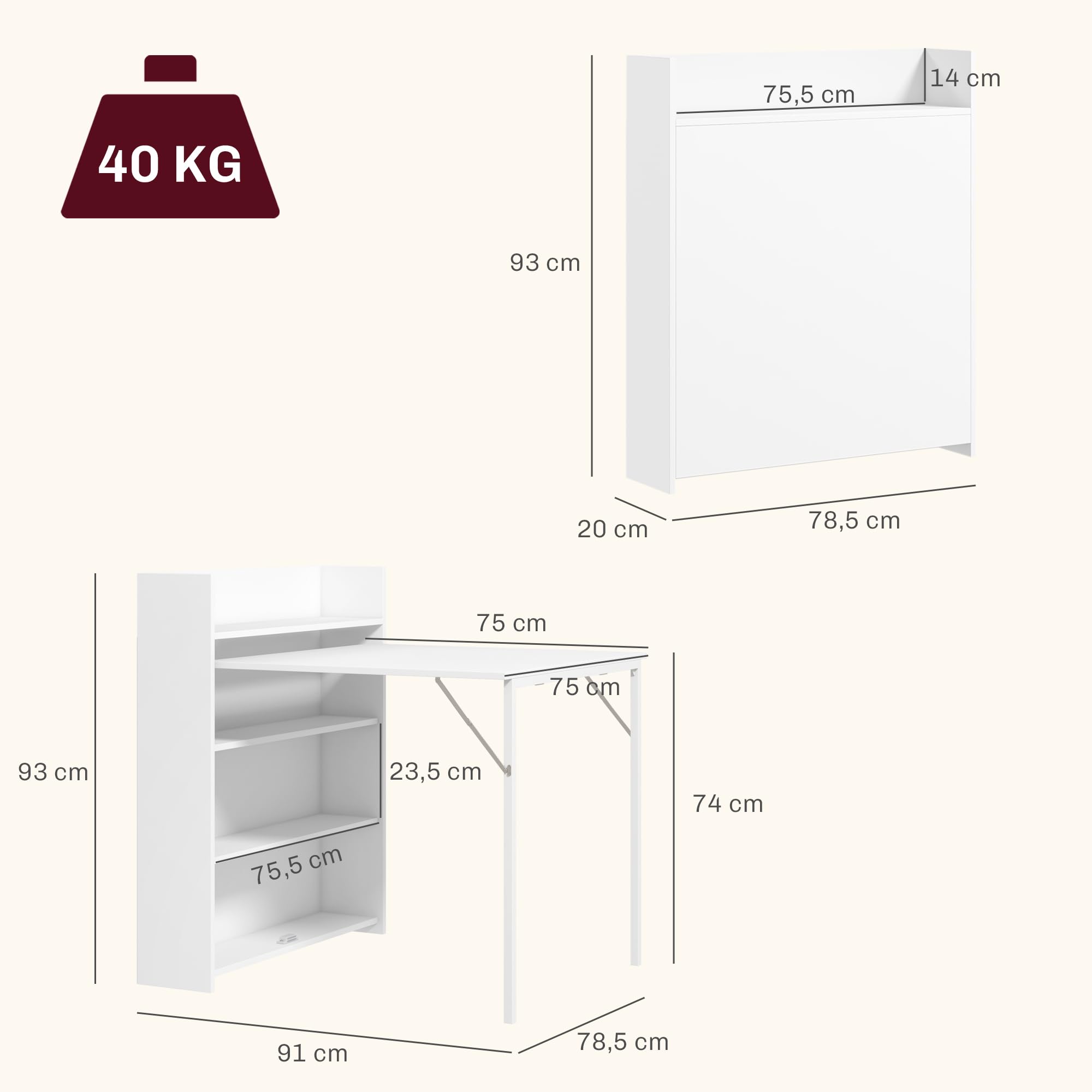 HOMCOM Esstisch Klappbar Küchentisch für 3 Personen mit 4-stufigen Regalen, Klapptisch Moderner Esszimmertisch für kleine Räume, Küche, 78,5 x 91 x 93 cm, Weiß