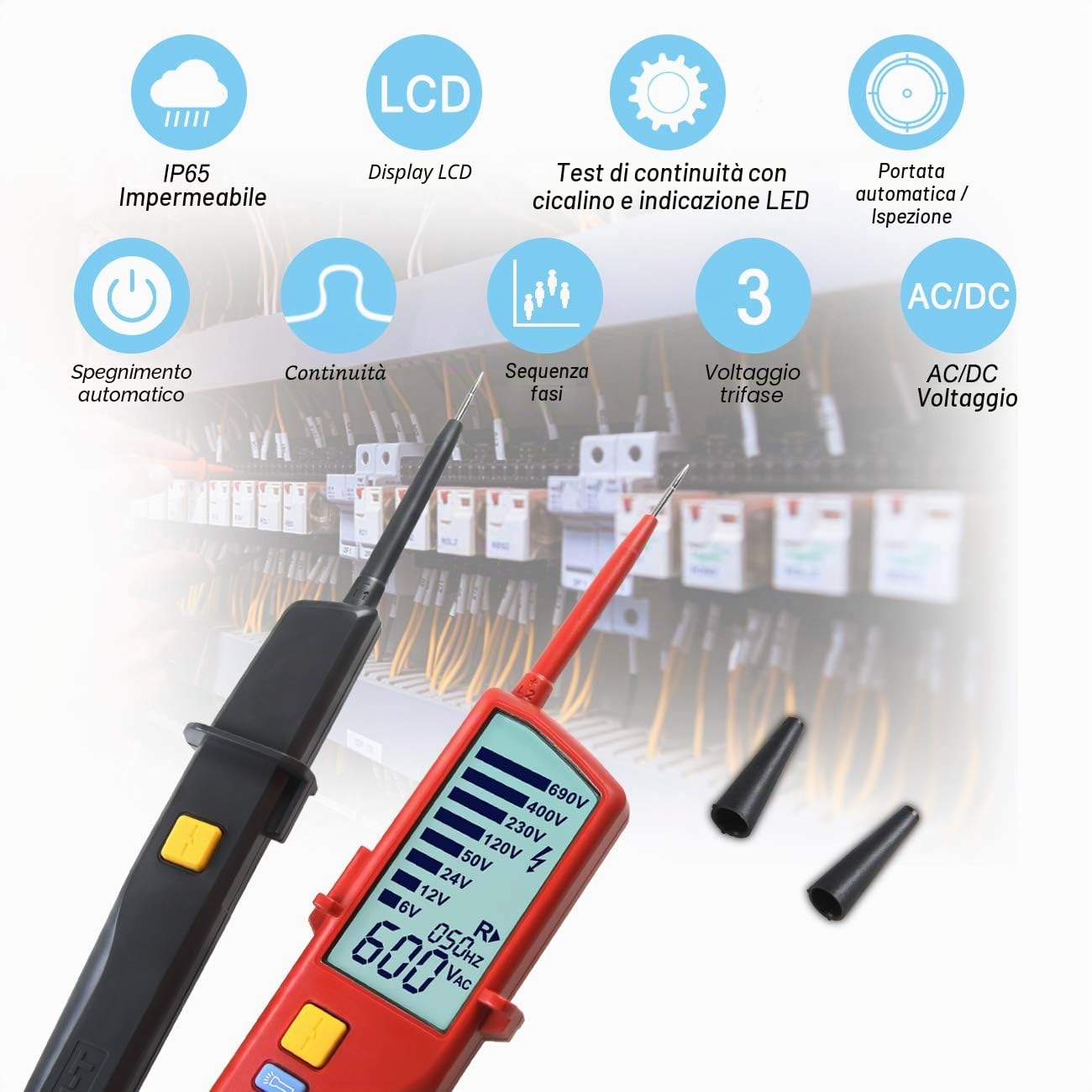UNI-T UT18D Tester di Tensione e Continuità Impermeabile Tester Automatico della Tensione della Gamma con Prova RCD e Rotazione di Fase, Illuminazione Incorporata