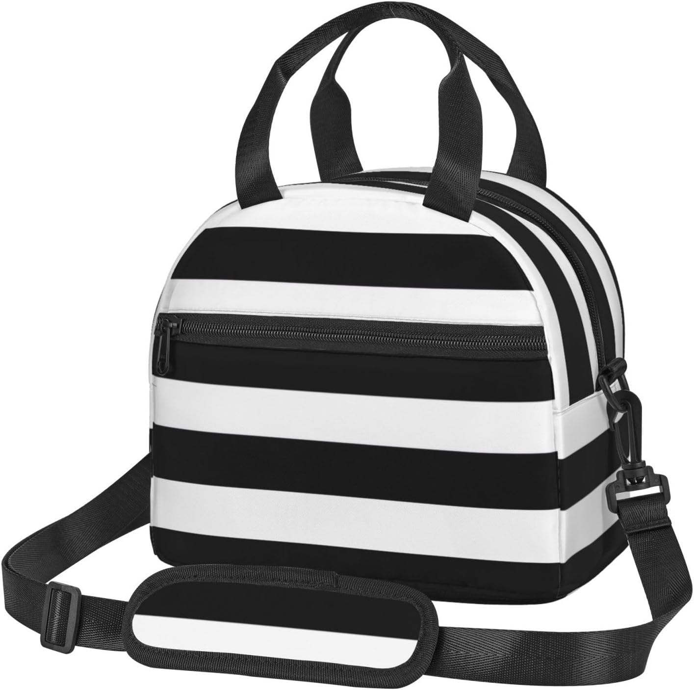 stripes black white Print Reusable Lunch Bag Insulated Lunch Boxes for Office Work Picnic Tote Bag Adjustable