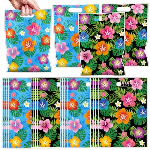 Aposwow Tropical Hawaiian Party Favor Bags - 50 Pcs Hawaii Hibiscus Flower Goodie Candy Treat Gift Bags Summer Luau Beach Party Favors For Summer Moana Hawaiian Luau Decorations