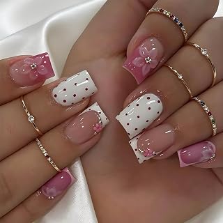 LunarCharm 24 Stück Rosa Blumen-Polka-Dot-Press-on-Nägel, quadratische Kunstnägel, wiederverwendbar, einfach anzubringen, für den Alltag geeignet
