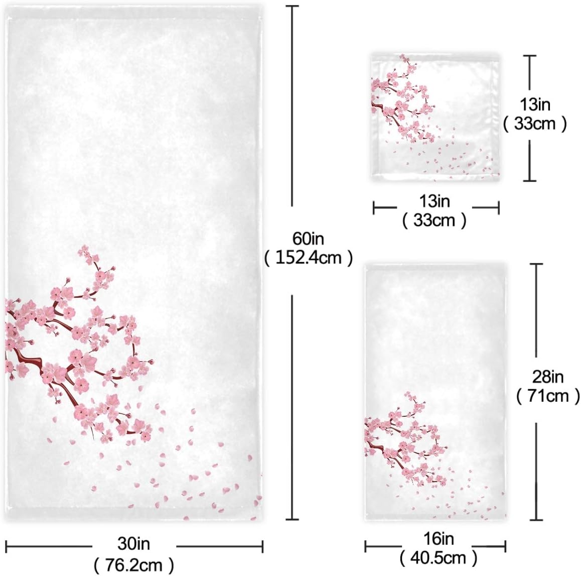 Naanle Beautiful Pink Cherry Blossoms with Petals Soft Luxury Decorative Set of 3 Towels, 1 Bath Towel+1 Hand Towel+1 Washcloth, Multipurpose for Bathroom, Hotel, Gym, Spa and Beach