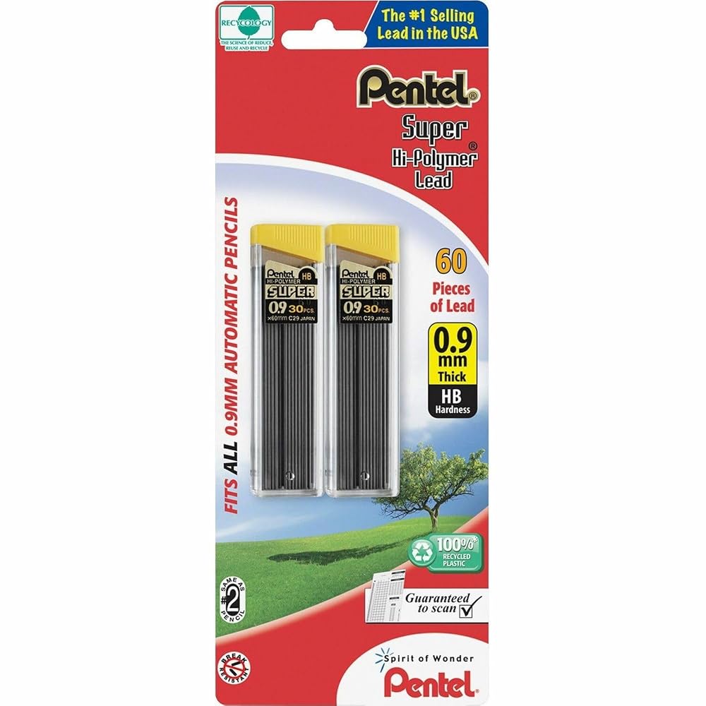 Pentel Super Hi-Polymer Lead Refill, 0.9 mm Thick, HB, 60 Pieces of Lead (C29BPHB2), Gray