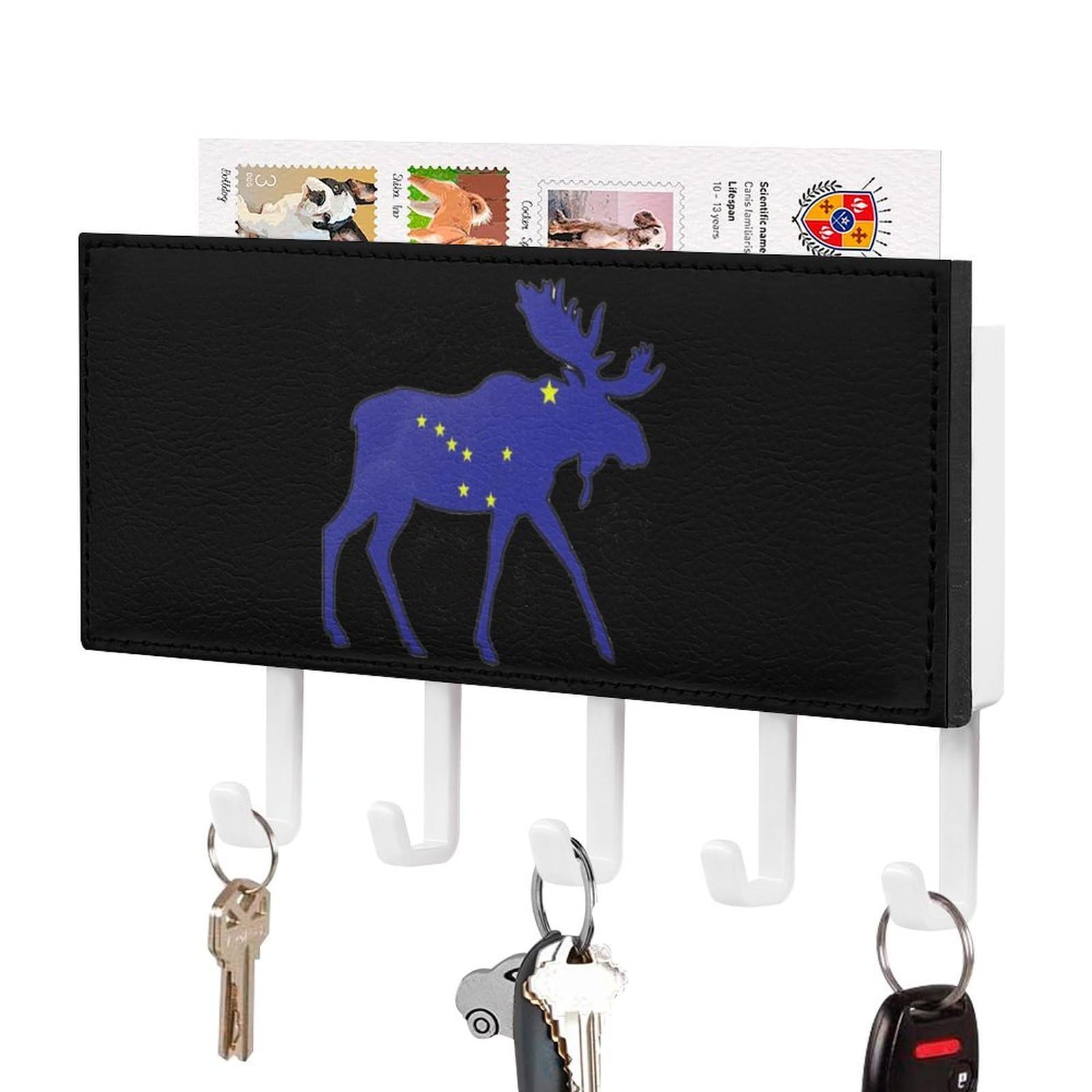 NCLQVJXZKHW Alaska Flag Moose Key Holder with 5 Hooks Key Hooks Wall Mounted Key Racks Key Hanger Organiser Shelf