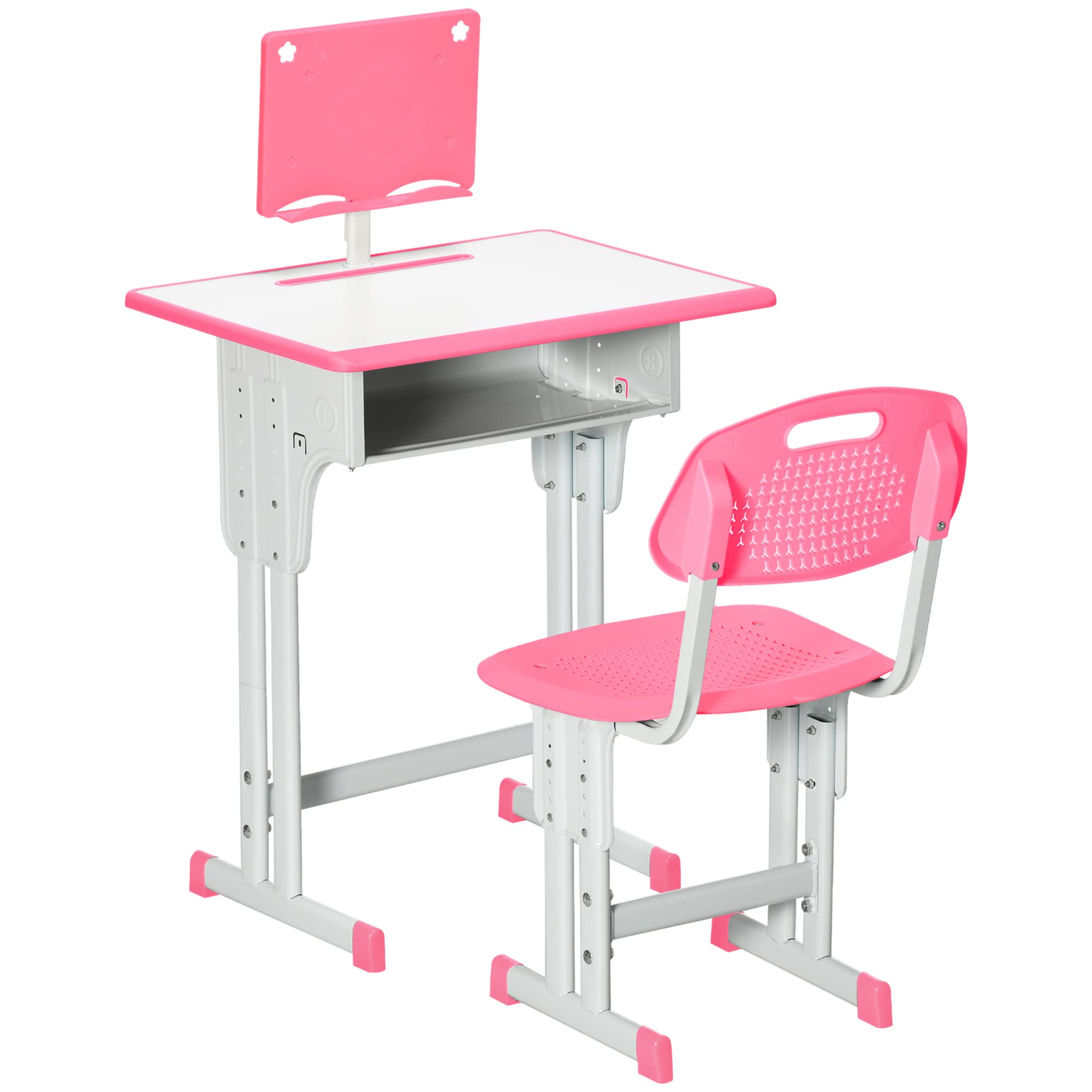 HOMCOM Juego de Escritorio y Silla para Niños de 6-12 Años Pupitre Infantil Altura Ajustable con 1 Cajón 1 Ranura para Lápiz y 1 Estante para Libros Acero 60x45x90-102 cm Rosa