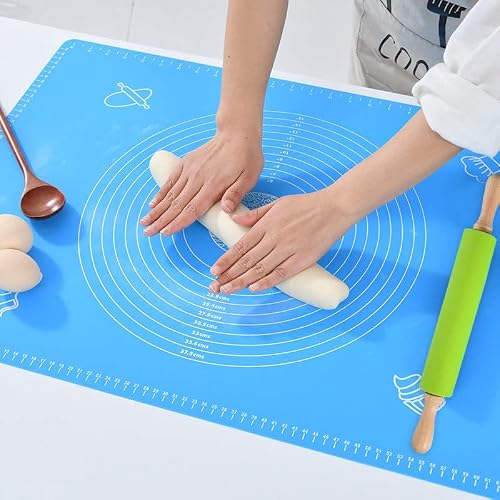 Wokitoo Rolling Pin Pastry With Large Mat Silicone Baking Blue 25" X 17" Slip On Surfaces For Rolling Dough With Measurements,Heat Resistant, Reusable,And Easy To Clean Made Food Grade Pin Roller 17” #TOP2