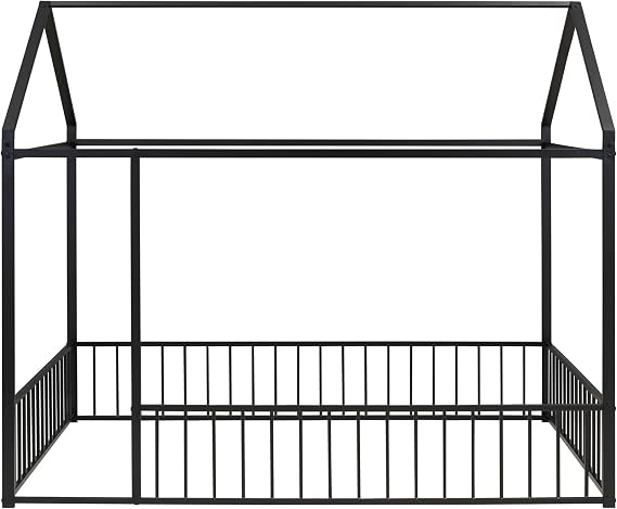 Bellemave Full Size Montessori Floor Bed, Metal House Bed Framefor Kids, Montessori Floor Beds with Fence, Playhouse for Kids, Black