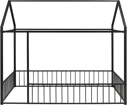 Bellemave Full Size Montessori Floor Bed, Metal House Bed Framefor Kids, Montessori Floor Beds with Fence, Playhouse for Kids, Black