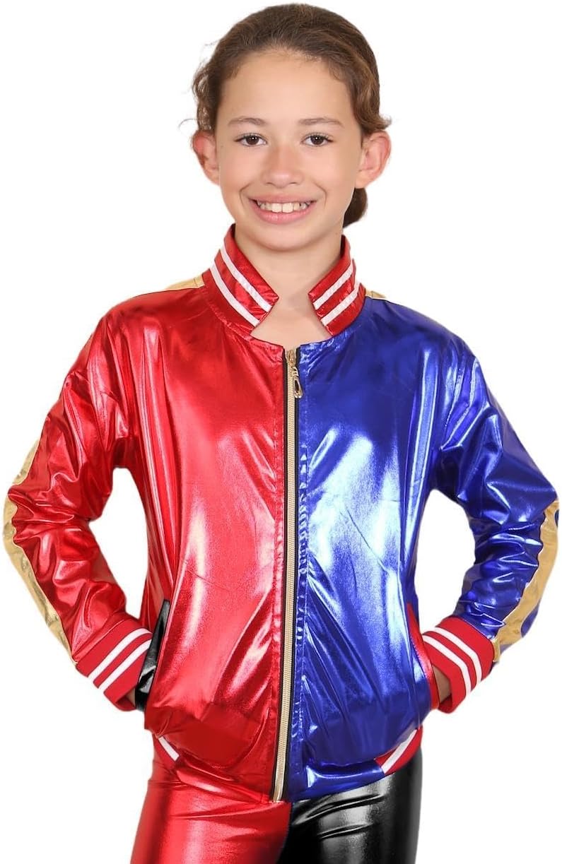 Halloween Costumes for Kids, Boys Girls Jackets With Leggings, Red and Blue Shiny Wet Look Harley Quinn Cosplay