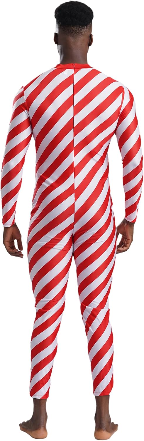 TiaoBug Mens Xmas Candy Cane Striped Unitard Long Sleeve Jumpsuit Ballet Dance Performance Costume