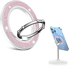 Magnetic Desk Phone Stand, 2 in 1 Strong Magnetic Finger Phone Ring Holder Compatible iPhone 15 14 13 12 Series,Android,Magnetic Accessories White + Pink Glitter, NZ002W-F