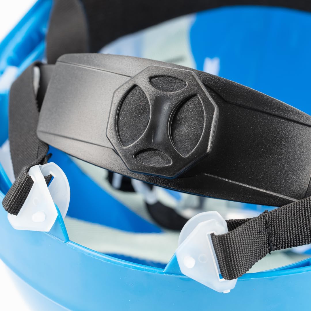 Högert Technik - Casco protettivo PLONER blu tinta unita | Casco protettivo per lavoratori edili | EN 397 | regolabile con un pulsante | fori di ventilazione | fascia di sudore | protezione dai raggi