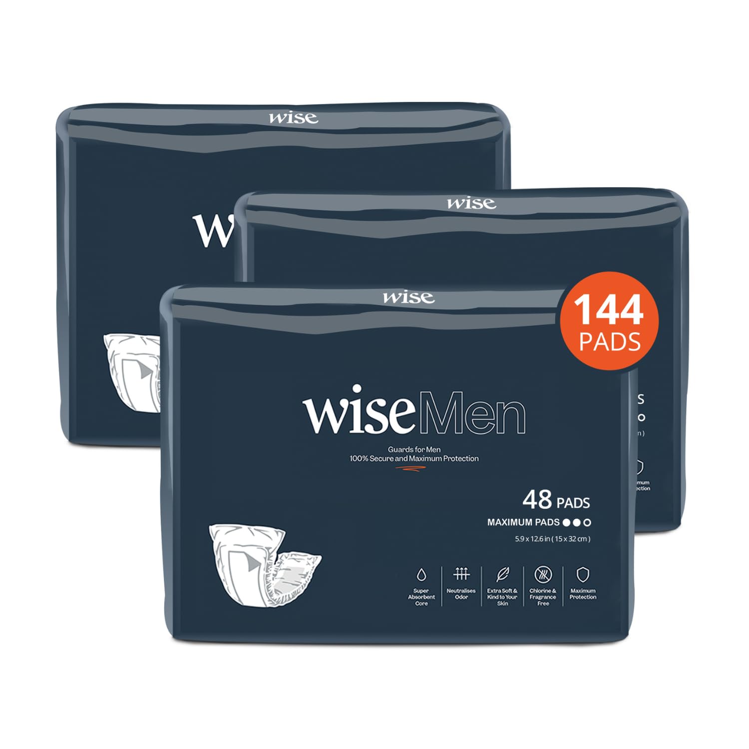 Maximum Absorbency Incontinence Shields & Guards for Men, Bladder & Odor Control Pads, 144 Counts (3 Pack of 48, Individually Wrapped) by WiseWear