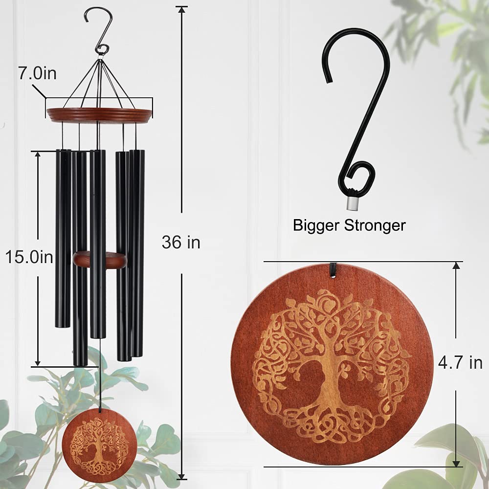 Windspiel, für den Außenbereich, tiefer Ton, 91.4 cm, großes Gedenk-Windspiel für den Verlust eines geliebten Menschen, Gravur, Baum des Lebens, Geschenk für Mutter, Garten, Hängedekoration, Schwarz